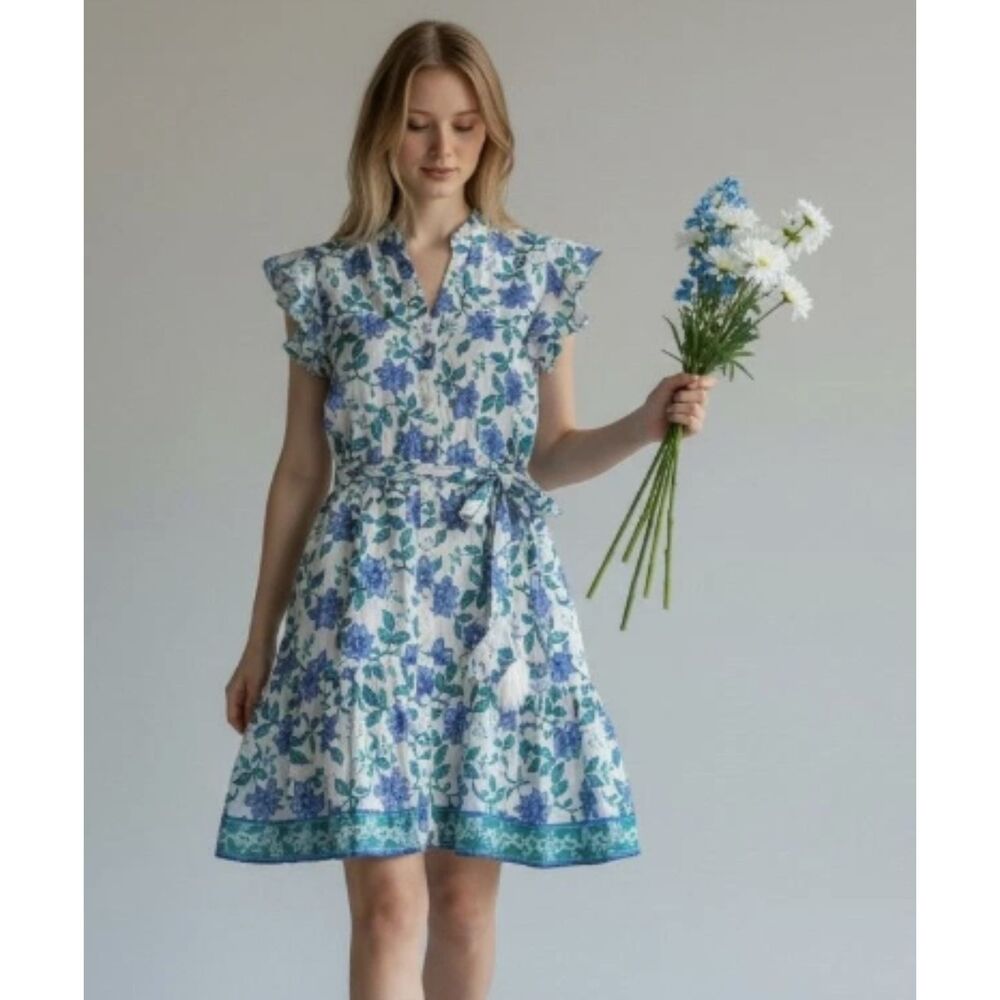 Calypso St Barth Blue Floral Cotton Ruffle Belted Dress US 10